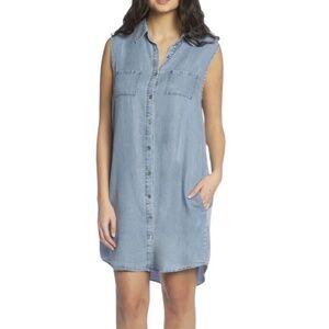 Vintage Shirt dress Chambray Denim Light Wash Sleeveless Crochet Pockets Sz XL